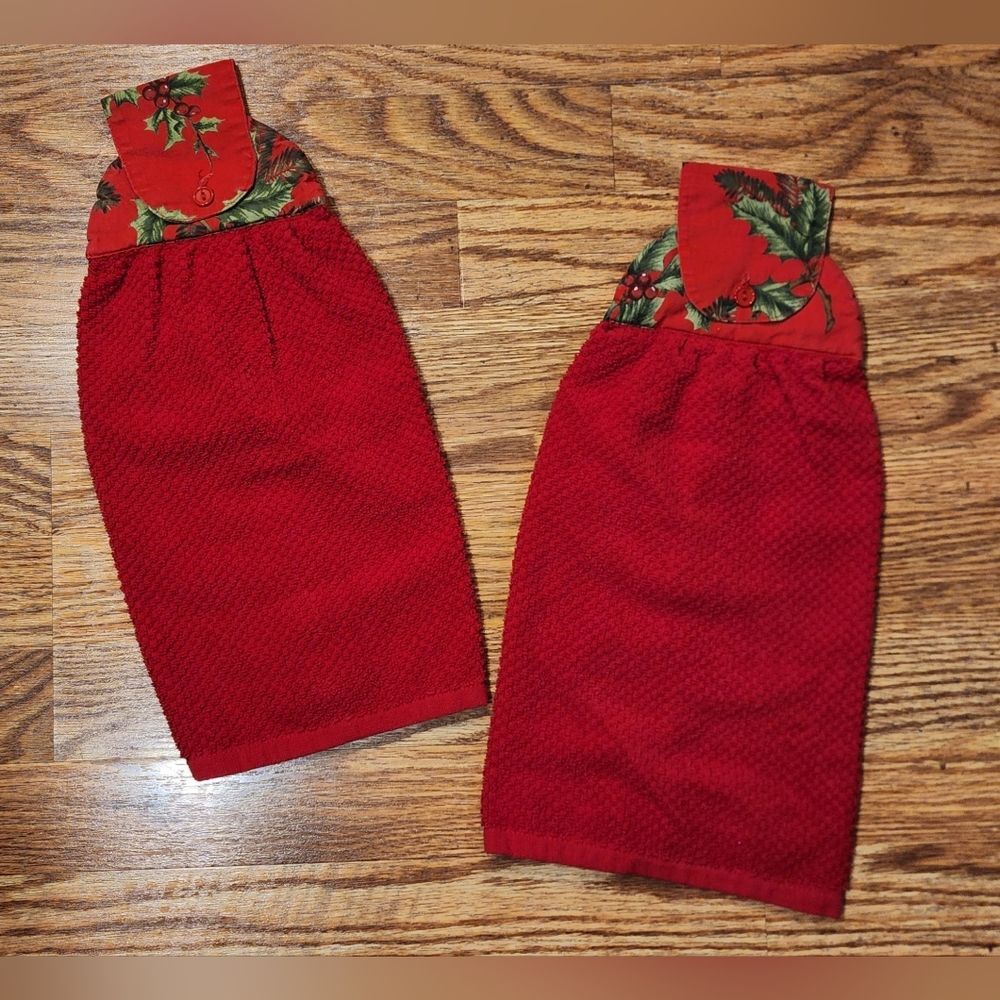 Set of 2 Red Homemade Christmas Holiday Hanging Kitchen Towels